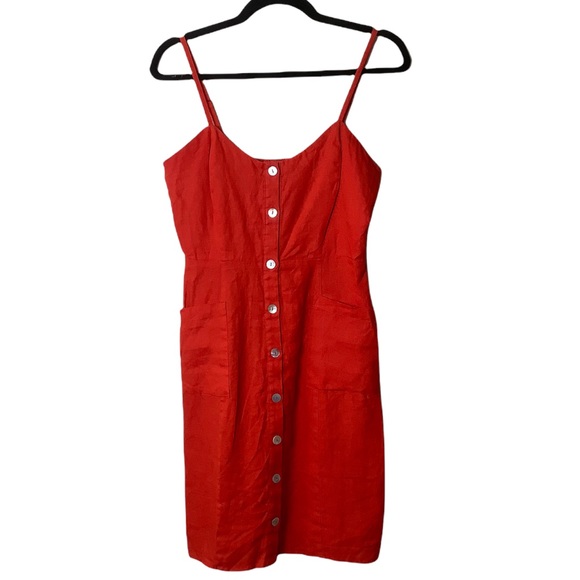 Cynthia Rowley Dresses & Skirts - Cynthia Rowley Red 100% Linen Smocked Back Button Front Mini Dress Size 6